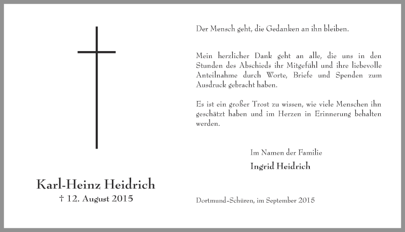  Traueranzeige für Karl-Heinz Heidrich vom 19.09.2015 aus Ruhr Nachrichten