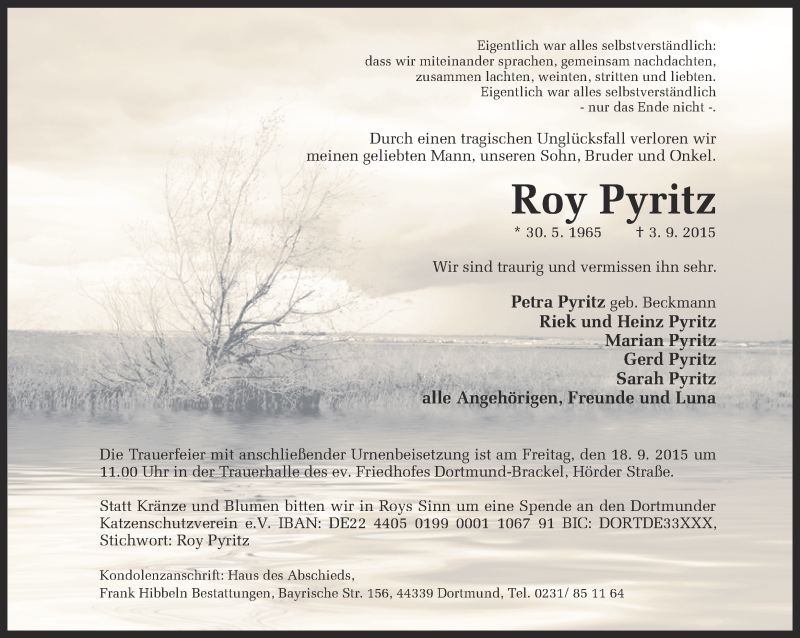  Traueranzeige für Roy Pyritz vom 12.09.2015 aus Ruhr Nachrichten