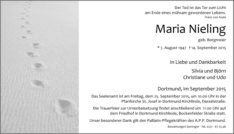  Traueranzeige für Maria Nieling vom 18.09.2015 aus Ruhr Nachrichten