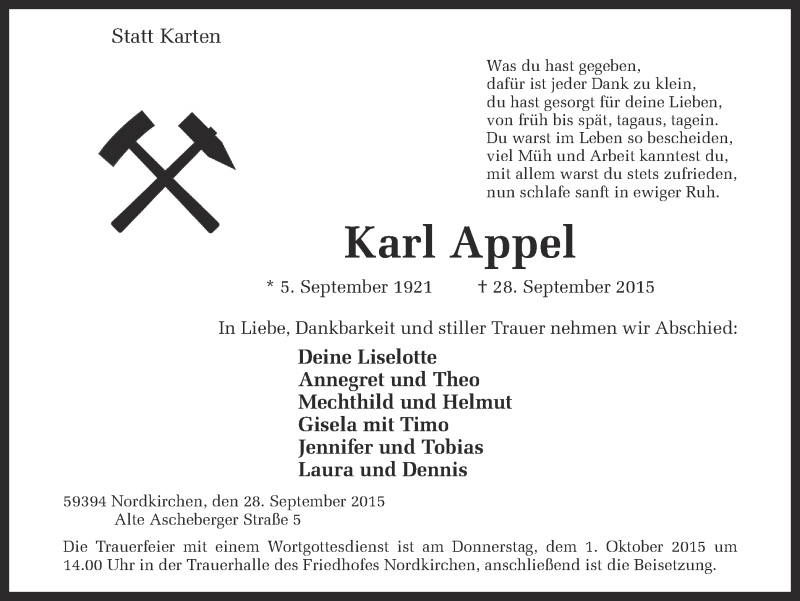  Traueranzeige für Karl Appel vom 30.09.2015 aus Ruhr Nachrichten