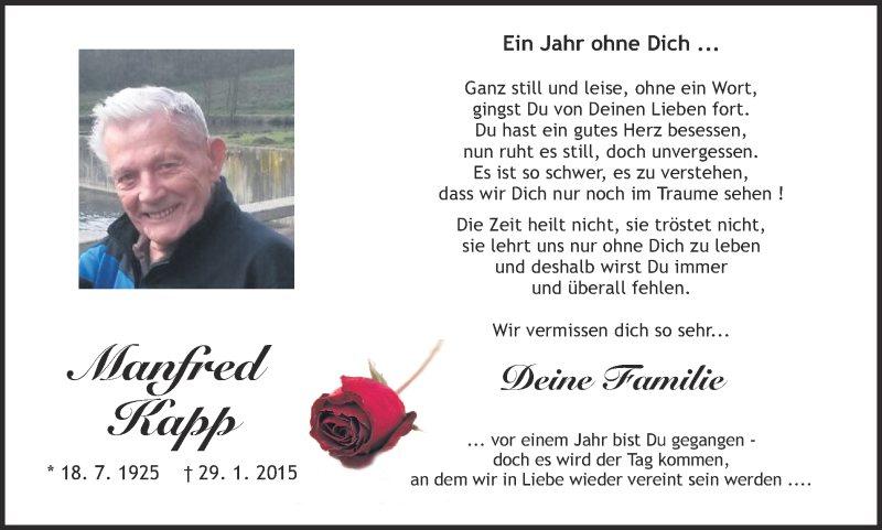  Traueranzeige für Manfred Kapp vom 29.01.2016 aus Ruhr Nachrichten