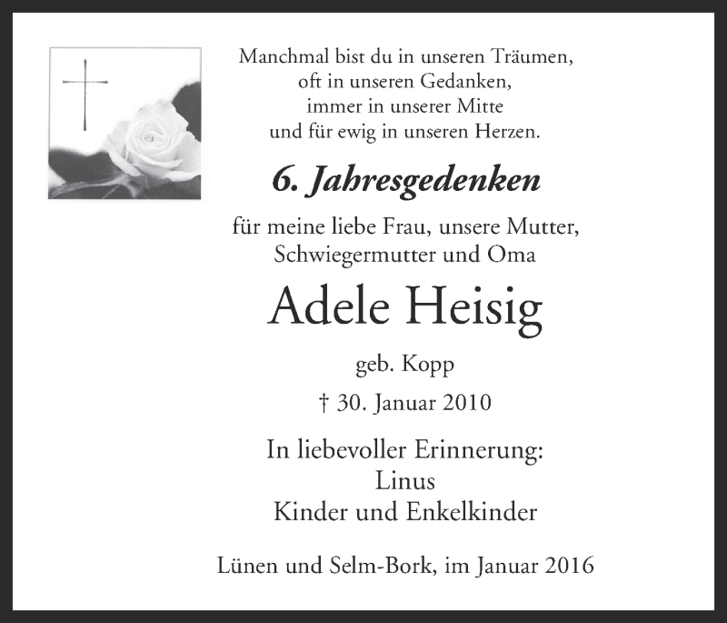  Traueranzeige für Adele Heisig vom 30.01.2016 aus Ruhr Nachrichten