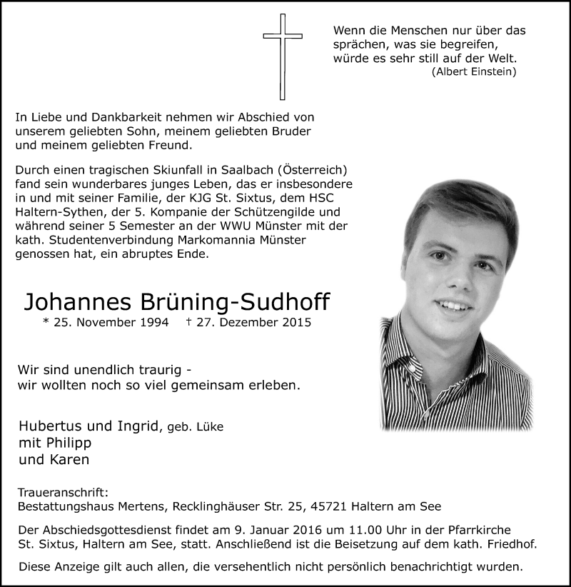  Traueranzeige für Johannes Brüning-Sudhoff vom 04.01.2016 aus Ruhr Nachrichten und Halterner Zeitung
