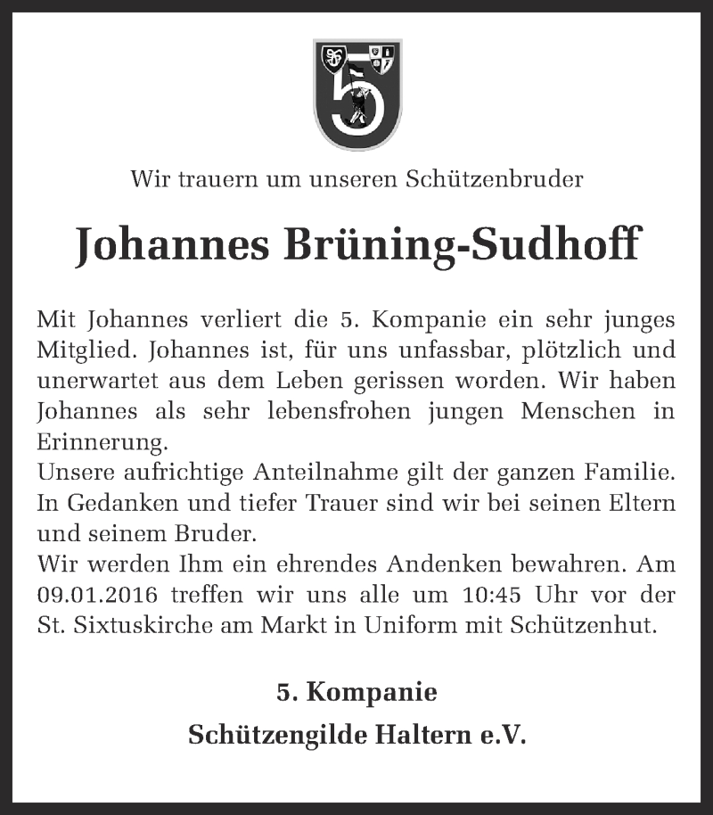  Traueranzeige für Johannes Brüning-Sudhoff vom 05.01.2016 aus Ruhr Nachrichten und Halterner Zeitung