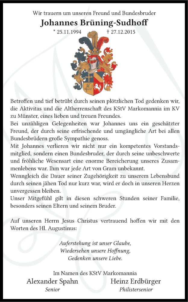  Traueranzeige für Johannes Brüning-Sudhoff vom 08.01.2016 aus Ruhr Nachrichten und Halterner Zeitung