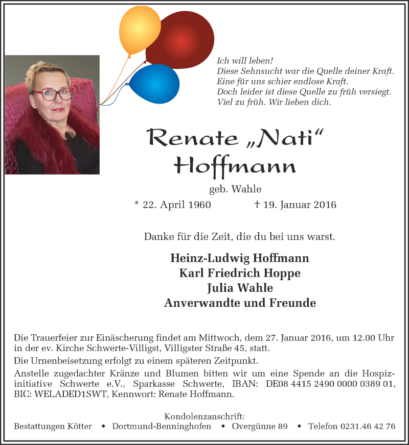  Traueranzeige für Renate Hoffmann vom 23.01.2016 aus Ruhr Nachrichten