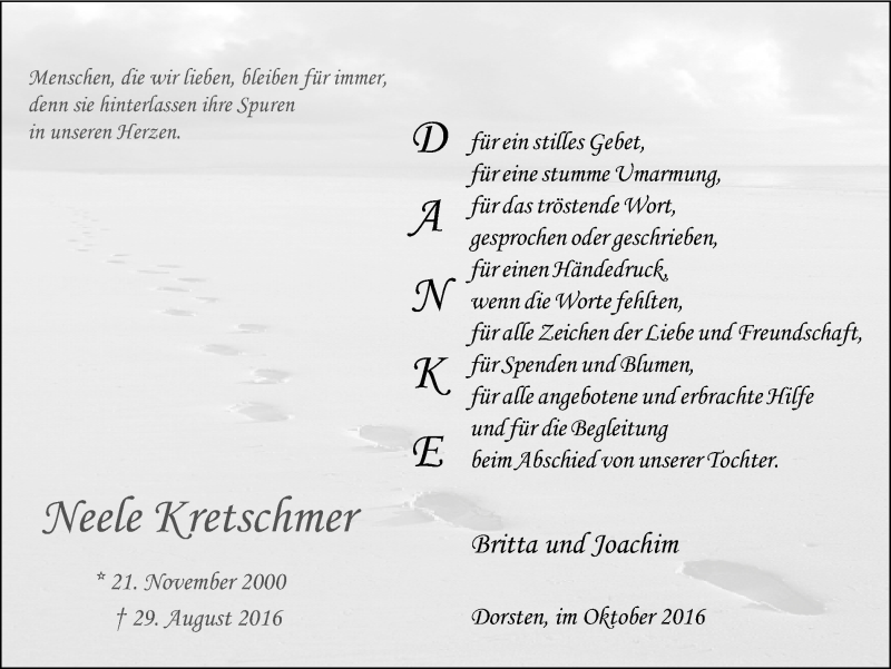  Traueranzeige für Neele Kretschmer vom 15.10.2016 aus Ruhr Nachrichten und Dorstener Zeitung