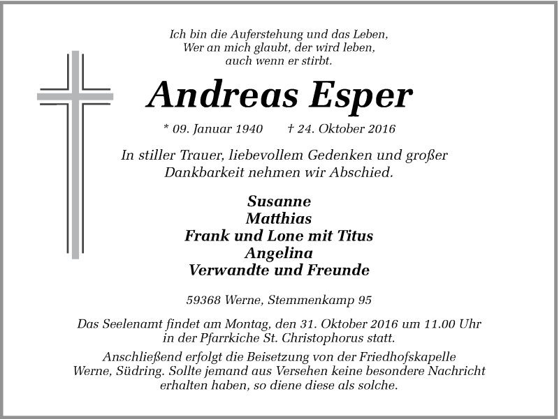  Traueranzeige für Andreas Esper vom 28.10.2016 aus Ruhr Nachrichten