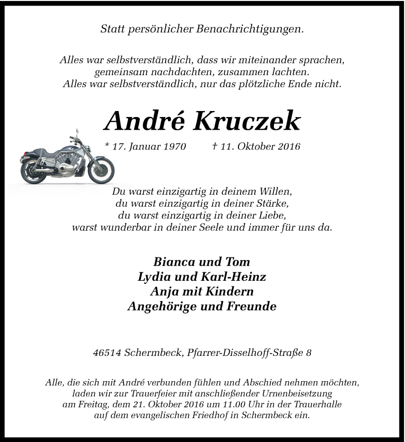  Traueranzeige für André Kruczek vom 15.10.2016 aus Ruhr Nachrichten und Dorstener Zeitung