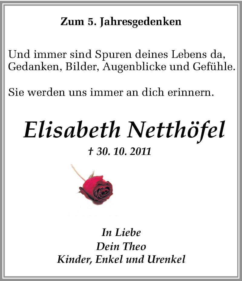 Traueranzeige für Elisabeth Netthöfel vom 29.10.2016 aus Ruhr Nachrichten