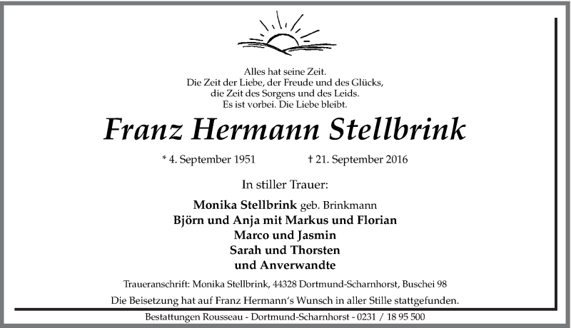  Traueranzeige für Franz Herrmann Stellbrink vom 01.10.2016 aus Ruhr Nachrichten