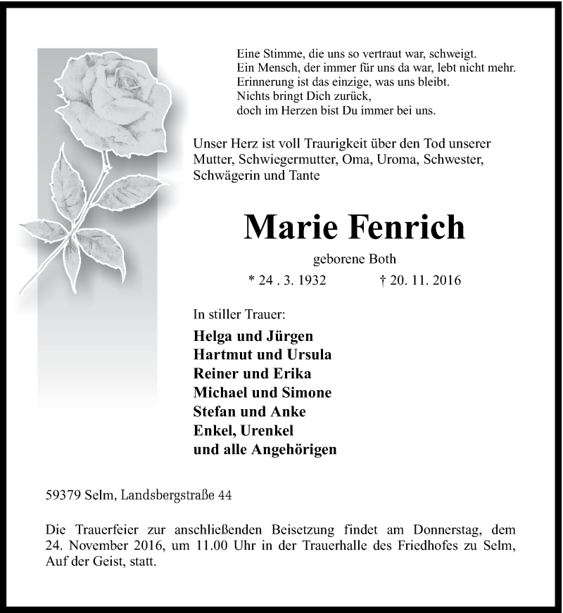  Traueranzeige für Marie Fenrich vom 22.11.2016 aus Ruhr Nachrichten