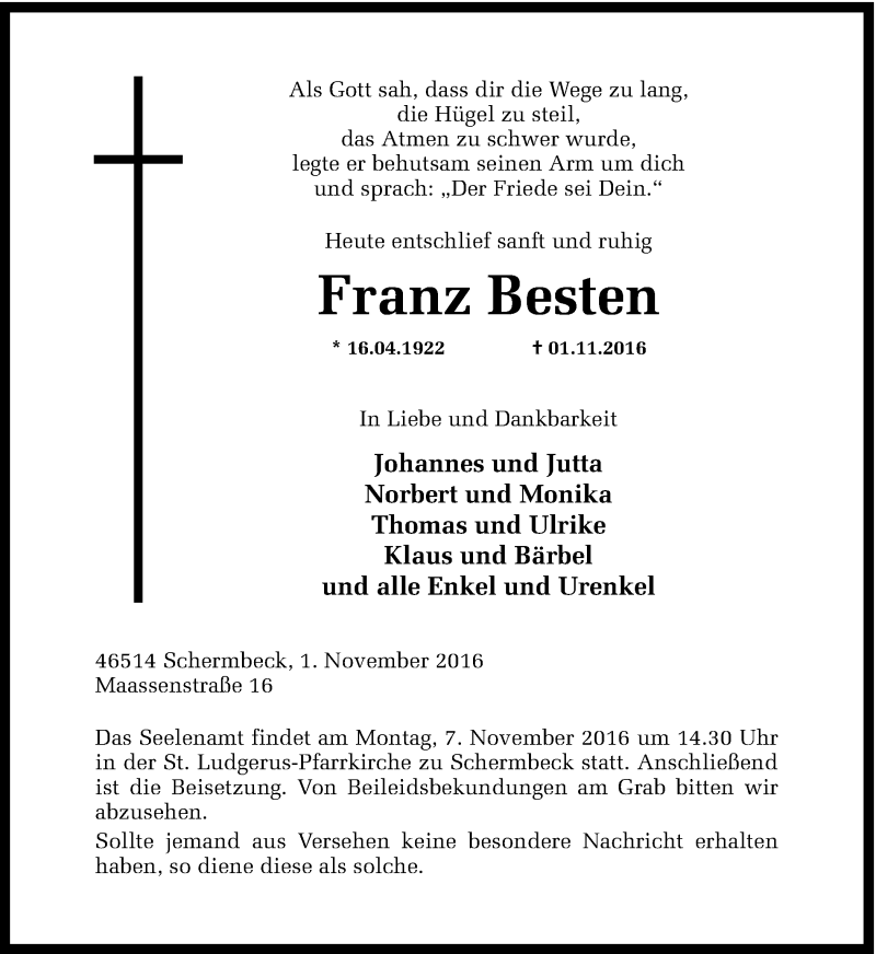  Traueranzeige für Franz Besten vom 03.11.2016 aus Ruhr Nachrichten und Dorstener Zeitung