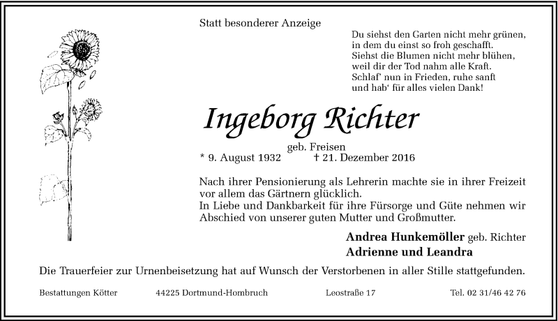  Traueranzeige für Ingeborg Richter vom 30.12.2016 aus Ruhr Nachrichten