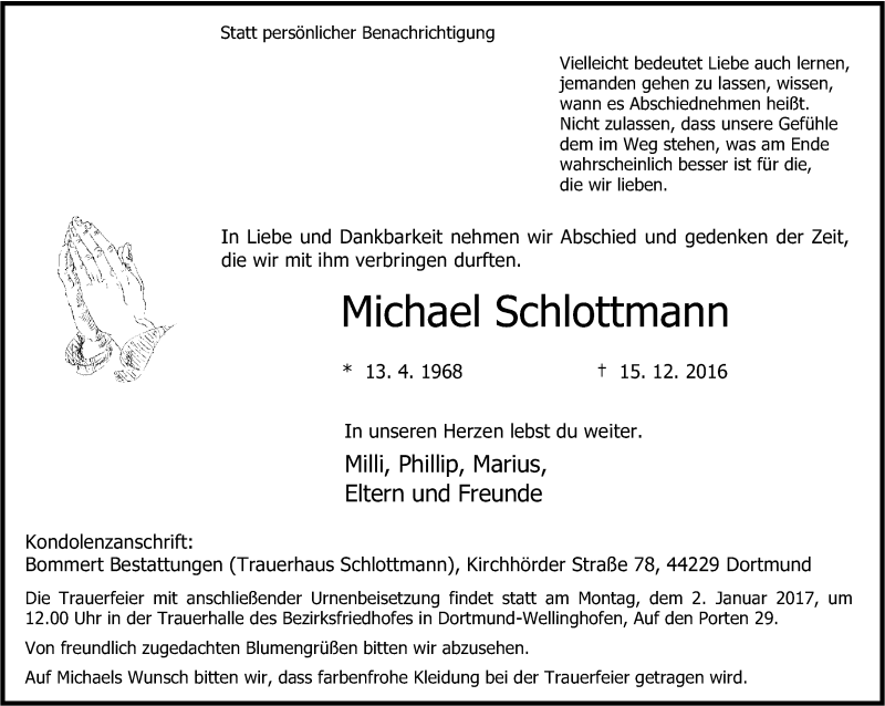  Traueranzeige für Michael Schlottmann vom 23.12.2016 aus Ruhr Nachrichten