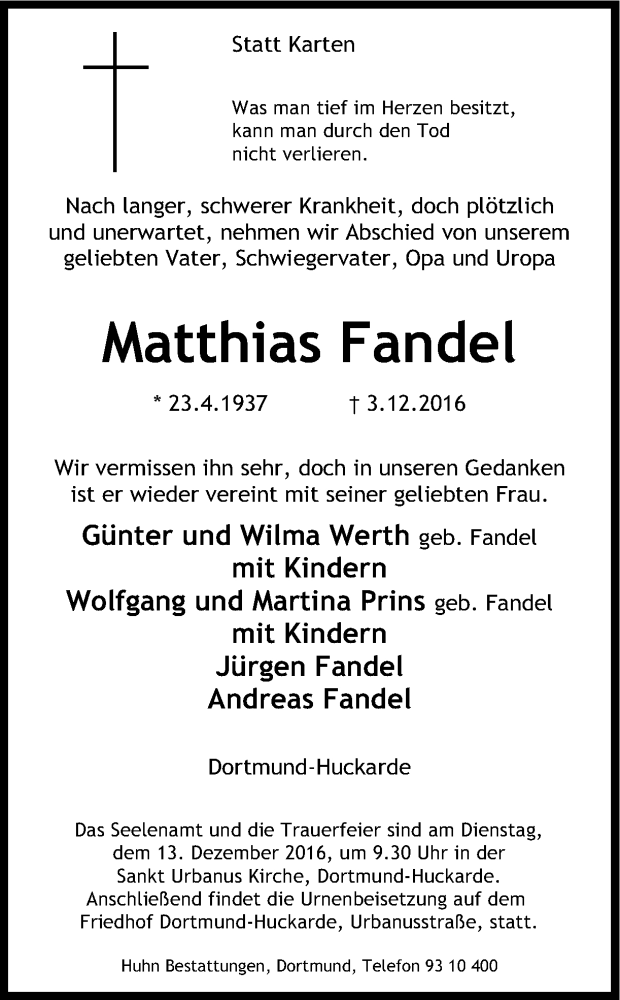 Traueranzeige für Matthias Fandel vom 09.12.2016 aus Ruhr Nachrichten