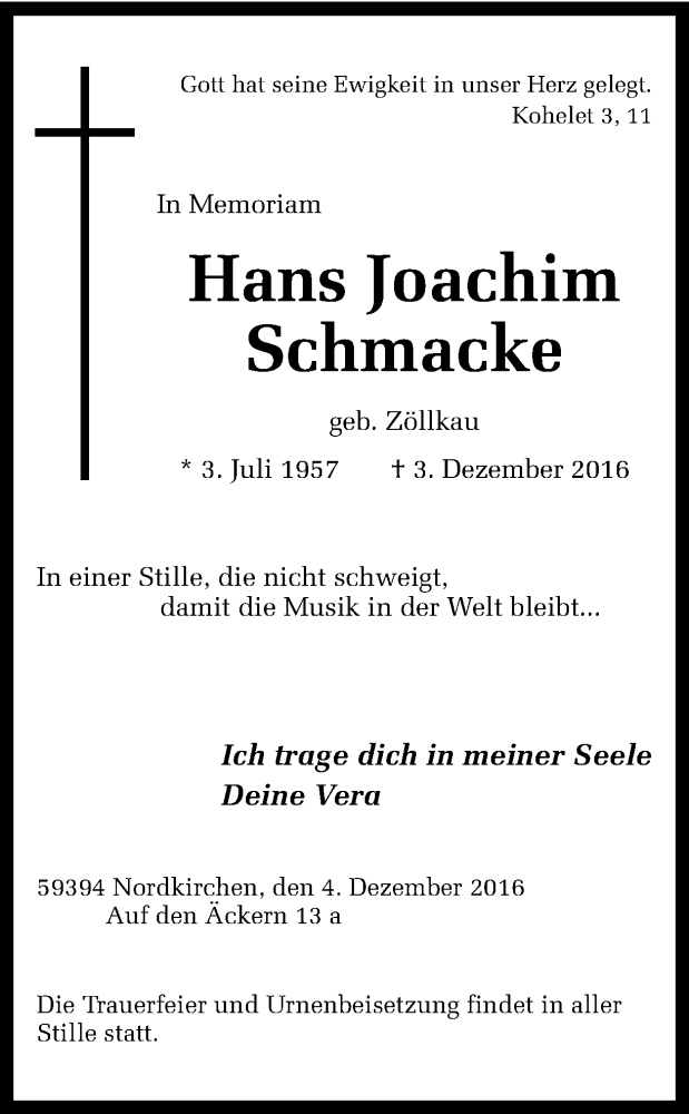  Traueranzeige für Hans Joachim Schmacke vom 10.12.2016 aus Ruhr Nachrichten