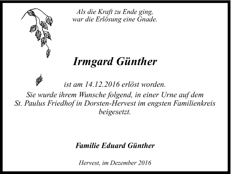  Traueranzeige für Irmgard Günther vom 24.12.2016 aus Ruhr Nachrichten und Dorstener Zeitung