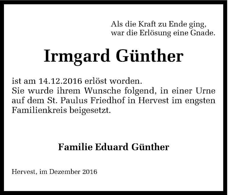  Traueranzeige für Irmgard Günther vom 24.12.2016 aus Ruhr Nachrichten und Dorstener Zeitung