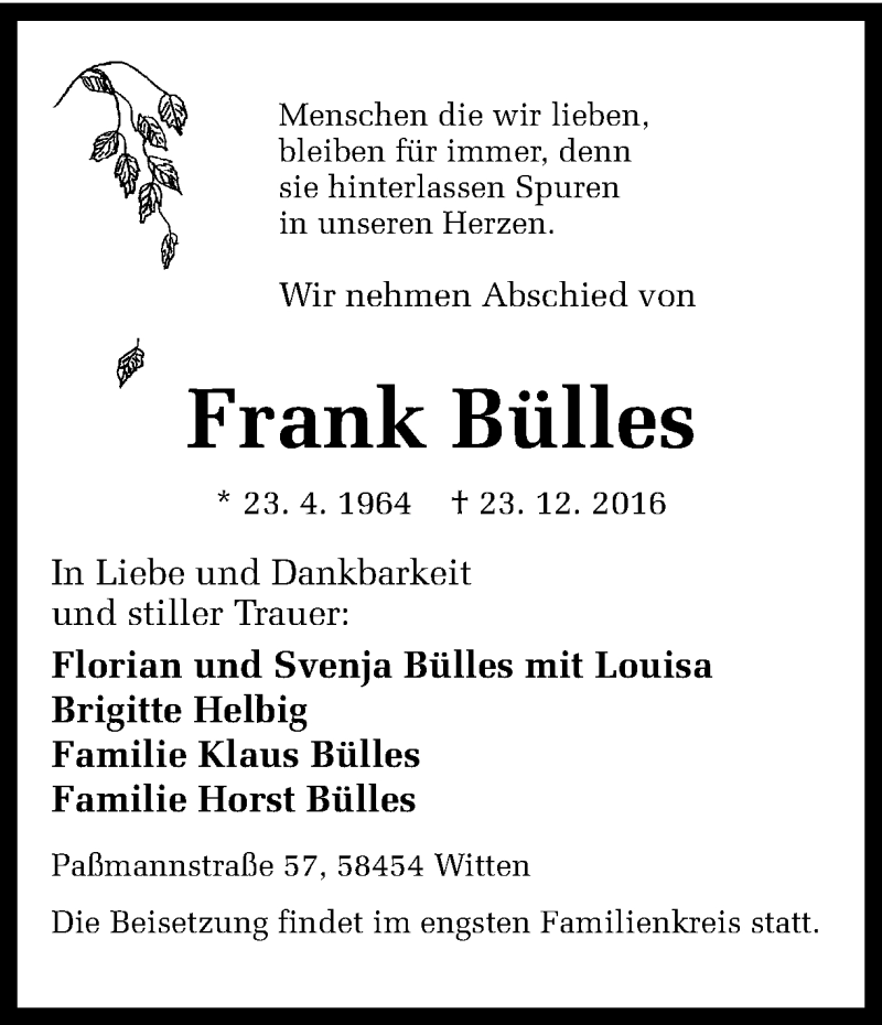  Traueranzeige für Frank Bülles vom 27.12.2016 aus Ruhr Nachrichten
