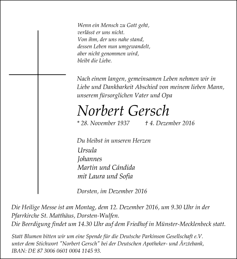  Traueranzeige für Norbert Gersch vom 07.12.2016 aus Ruhr Nachrichten und Dorstener Zeitung