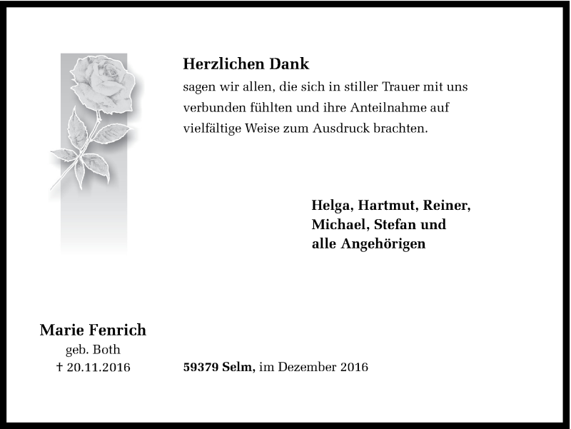  Traueranzeige für Marie Fenrich vom 10.12.2016 aus Ruhr Nachrichten