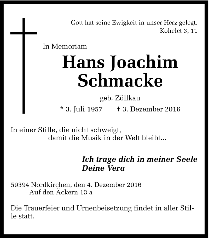  Traueranzeige für Hans Joachim Schmacke vom 10.12.2016 aus Ruhr Nachrichten
