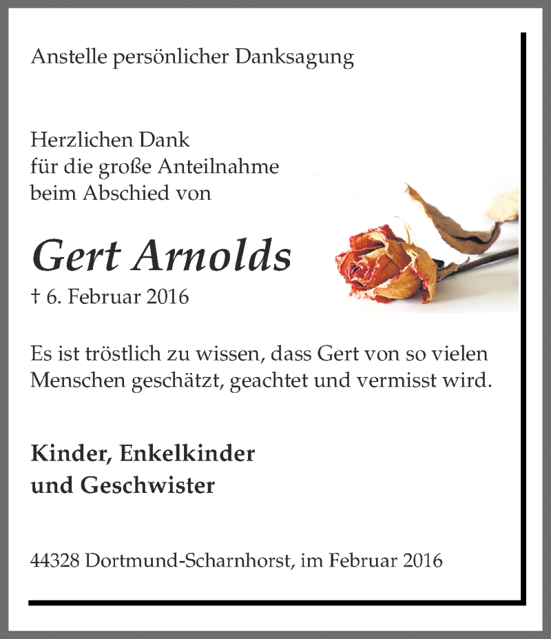  Traueranzeige für Gert Arnolds vom 27.02.2016 aus Ruhr Nachrichten