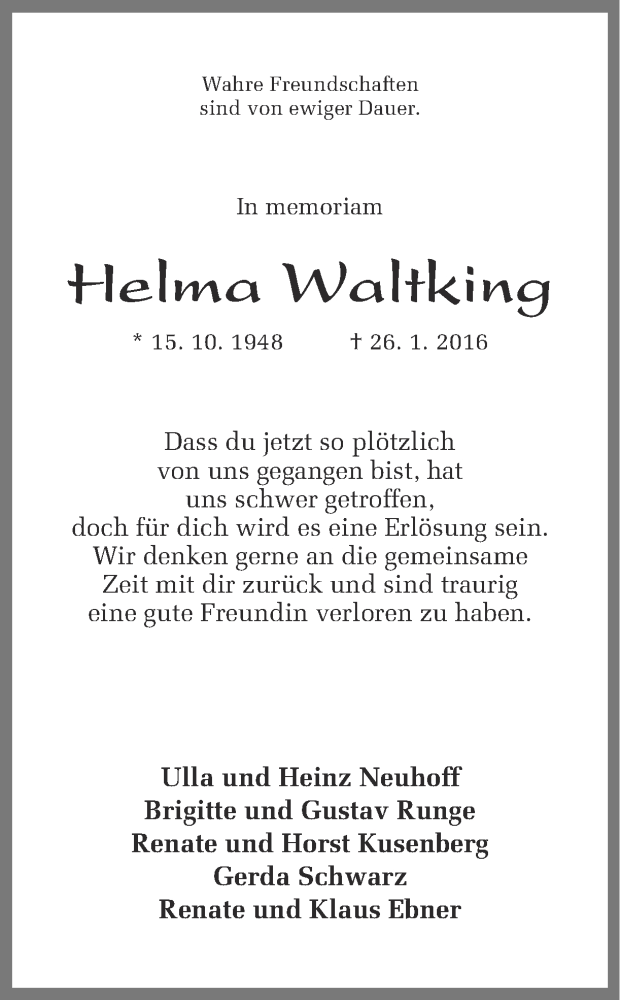  Traueranzeige für Helma Waltking vom 06.02.2016 aus Ruhr Nachrichten