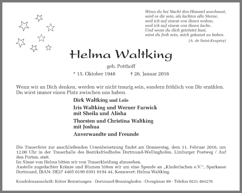 Traueranzeige für Helma Waltking vom 06.02.2016 aus Ruhr Nachrichten