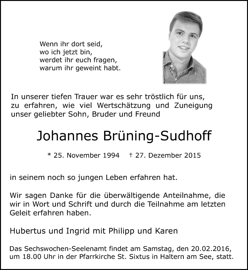  Traueranzeige für Johannes Brüning-Sudhoff vom 17.02.2016 aus Ruhr Nachrichten und Halterner Zeitung