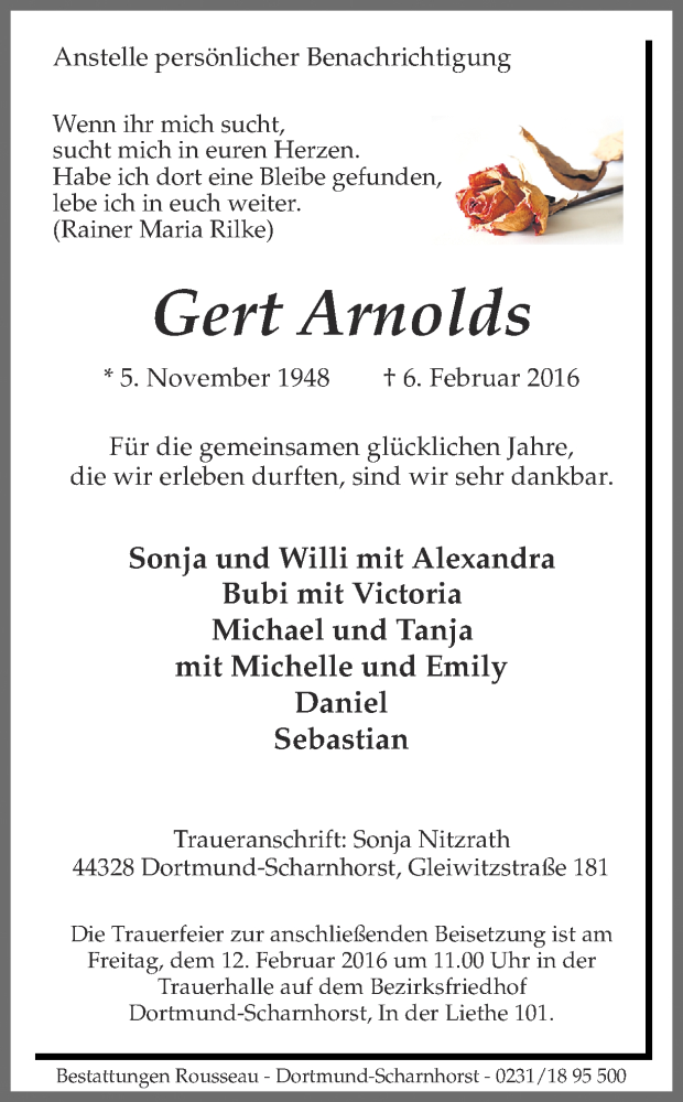  Traueranzeige für Gert Arnolds vom 10.02.2016 aus Ruhr Nachrichten