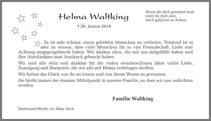  Traueranzeige für Helma Waltking vom 19.03.2016 aus Ruhr Nachrichten