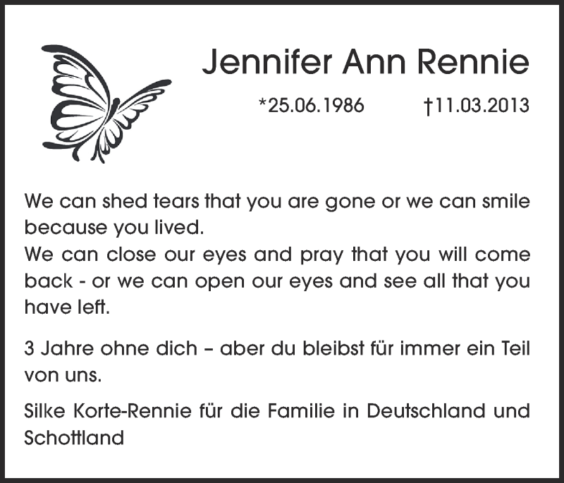  Traueranzeige für Jennifer Ann Rennie vom 11.03.2016 aus Münstersche Zeitung und Münsterland Zeitung