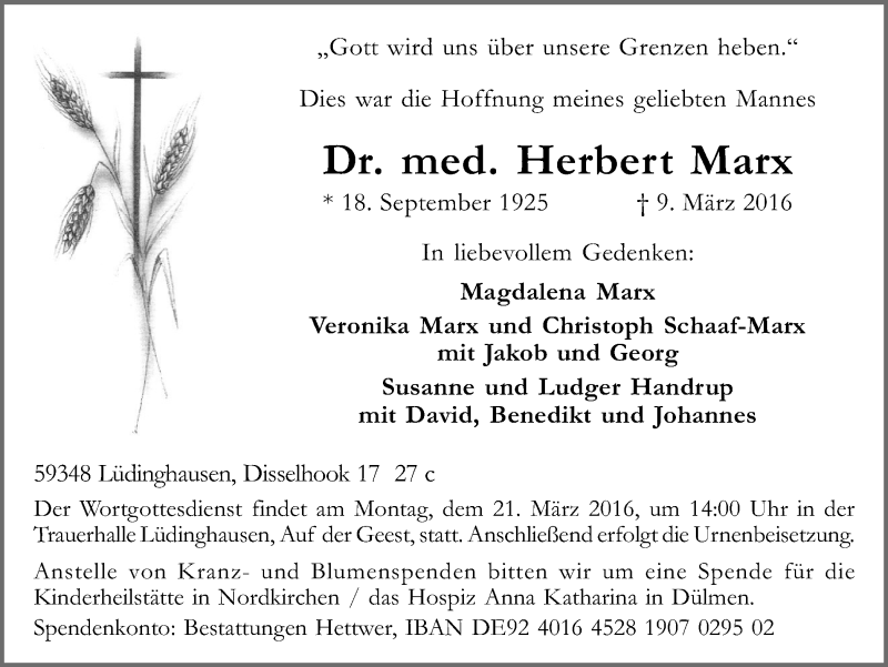  Traueranzeige für Herbert Marx vom 14.03.2016 aus Ruhr Nachrichten