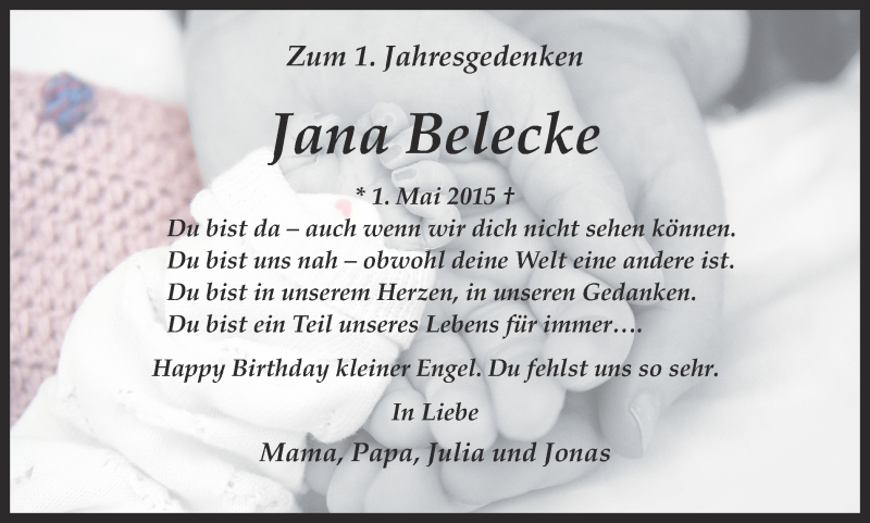  Traueranzeige für Jana Belecke vom 30.04.2016 aus Ruhr Nachrichten und Dorstener Zeitung
