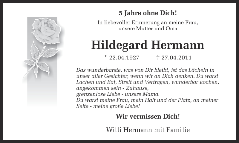 Traueranzeige für Hildegard Hermann vom 27.04.2016 aus Ruhr Nachrichten
