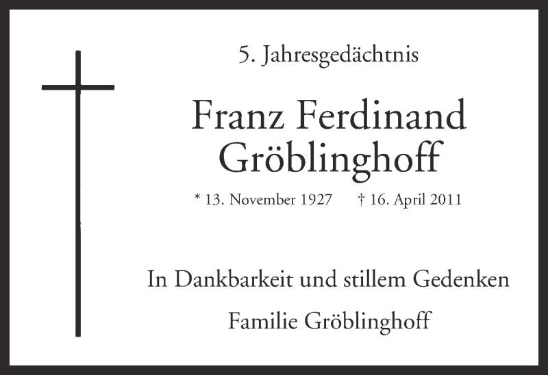  Traueranzeige für Franz Ferdinand Gröblinghoff vom 16.04.2016 aus Ruhr Nachrichten
