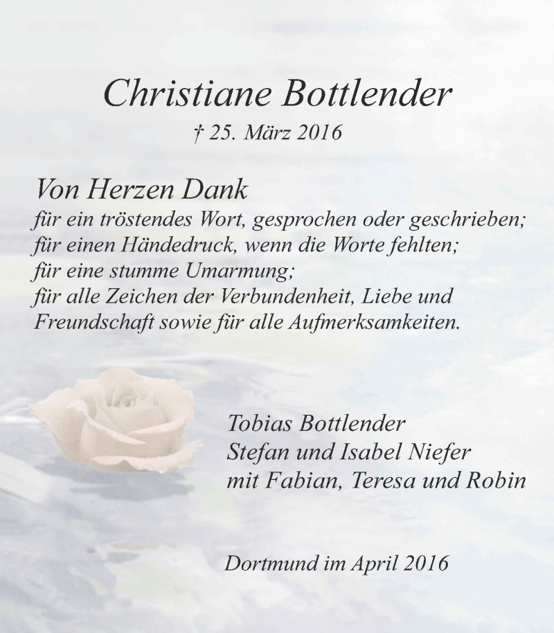  Traueranzeige für Christiane Bottlender vom 30.04.2016 aus Münstersche Zeitung und Münsterland Zeitung