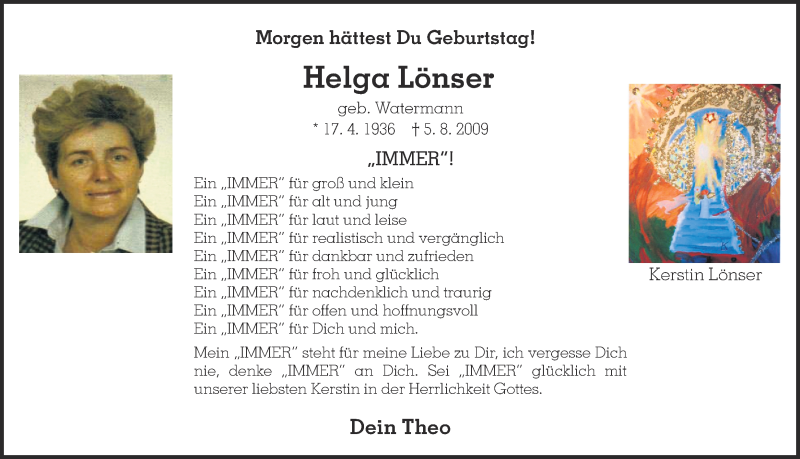  Traueranzeige für Helga Lönser vom 16.04.2016 aus Ruhr Nachrichten