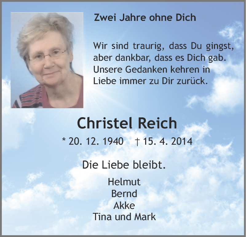  Traueranzeige für Christel Reich vom 15.04.2016 aus Ruhnr Nachrichten Dortmund 
