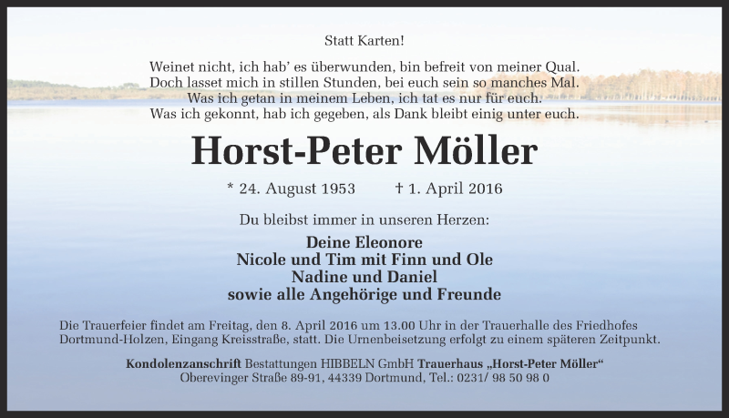  Traueranzeige für Horst-Peter Möller vom 05.04.2016 aus Ruhr Nachrichten
