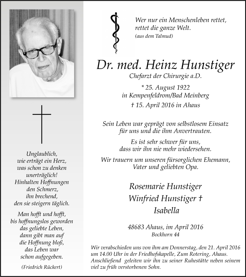  Traueranzeige für Heinz Hunstiger vom 19.04.2016 aus Münstersche Zeitung und Münsterland Zeitung