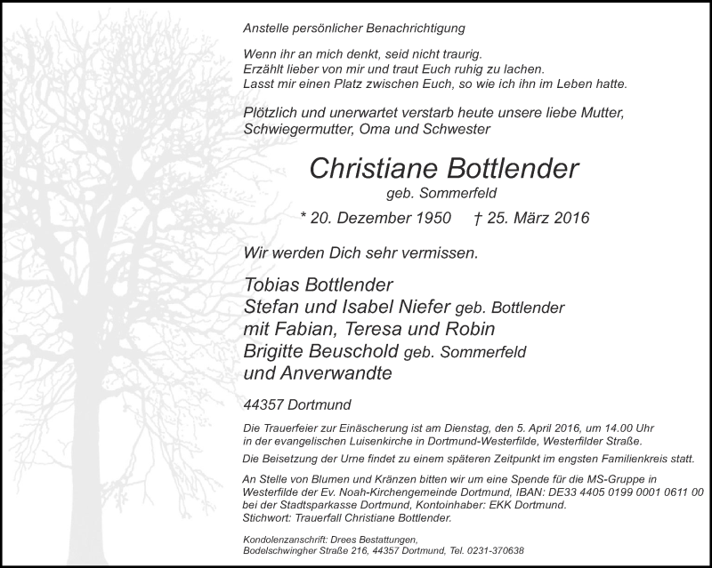 Traueranzeige für Christiane Bottlender vom 02.04.2016 aus Ruhr Nachrichten
