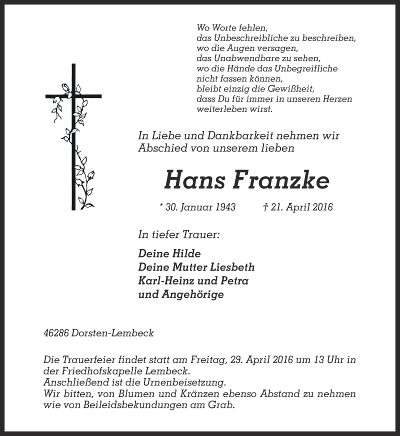  Traueranzeige für Hans Franzke vom 26.04.2016 aus Ruhr Nachrichten und Dorstener Zeitung