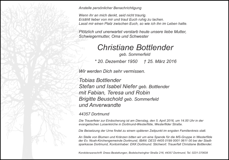  Traueranzeige für Christiane Bottlender vom 02.04.2016 aus Münstersche Zeitung und Münsterland Zeitung