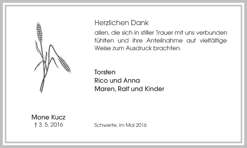  Traueranzeige für Mone Kucz vom 28.05.2016 aus Ruhr Nachrichten