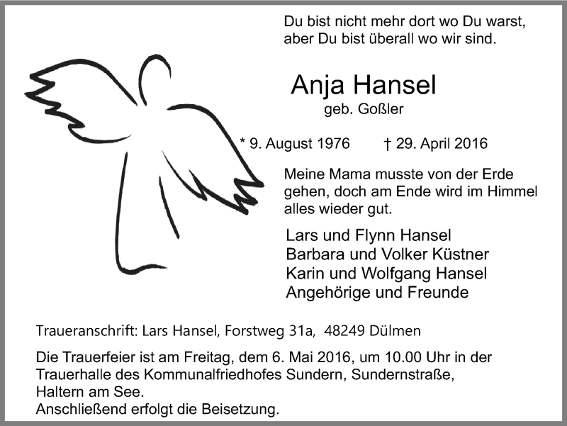 Traueranzeige für Anja Hansel vom 03.05.2016 aus Ruhr Nachrichten und Halterner Zeitung