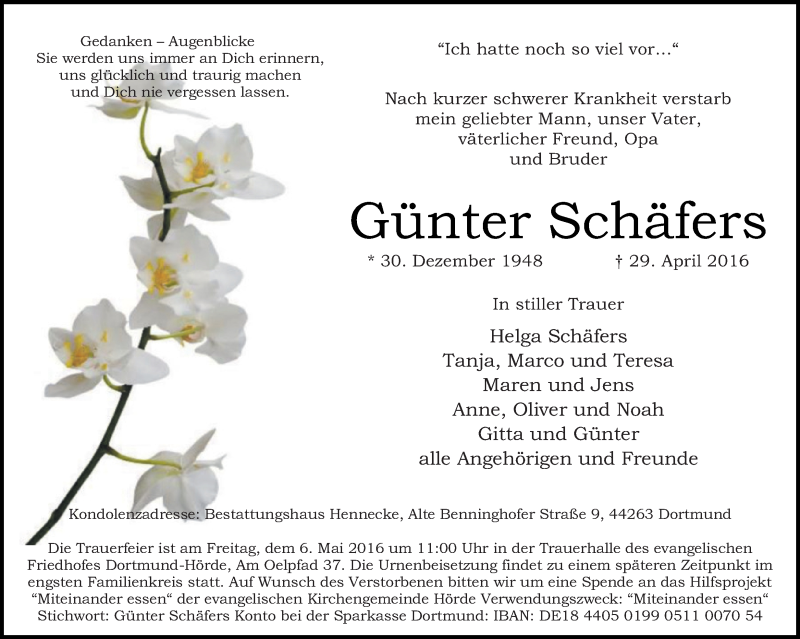  Traueranzeige für Günter Schäfers vom 04.05.2016 aus Ruhr Nachrichten