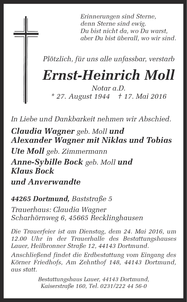  Traueranzeige für Ernst-Heinrich Moll vom 21.05.2016 aus Ruhr Nachrichten